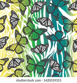 Seamless vector butterflies pattern. Butterfly on yellow and green gradient zebra, tiger print. Trendy animal motif wallpaper. Fashionable background for fabric, textile, design, banner, cover.