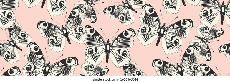 Seamless vector butterflies pattern. Butterfly print. Trendy animal motif wallpaper. Fashionable background for fabric, textile, design, banner, cover, web etc.