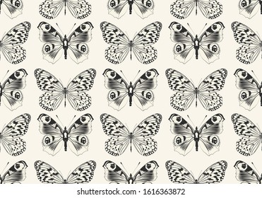 Seamless vector butterflies pattern. Butterfly print. Trendy animal motif wallpaper. Fashionable background for fabric, textile, design, banner, cover, web etc.