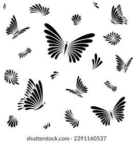 Seamless vector butterflies pattern from petals. Hand-drawn black drops petals shape. Vector black and white background for wallpaper, poster, web and packaging
