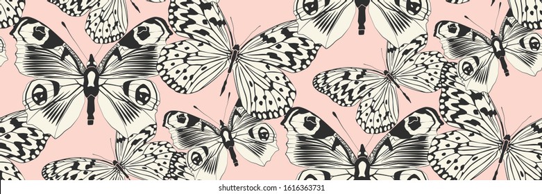 Seamless vector butterflies pink pattern. Butterfly print. Trendy animal motif wallpaper. Fashionable background for fabric, textile, design, banner, cover, web etc.