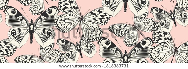 Seamless vector butterflies pink pattern. Butterfly print. Trendy animal motif wallpaper. Fashionable background for fabric, textile, design, banner, cover, web etc.