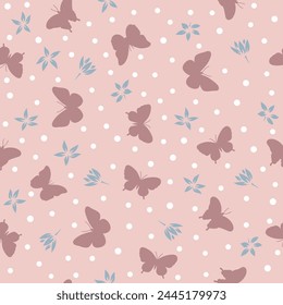 seamless vector butterfly with blue small flowers retro pattern on pink background