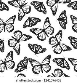 Seamless vector butterfly pattern/ Black and white butterflies background