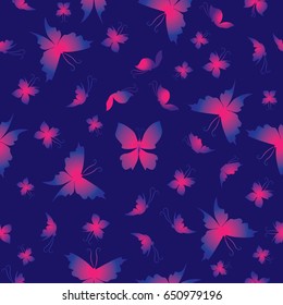 Seamless vector butterfly pattern. Bright pink butterflies on a dark blue background. Pattern for fabric, clothing and accessories.