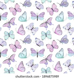 Seamless vector butterfly watercolor pattern. Vintage flying insect summer background. Colorful texture, wrapping paper, rustic wallpaper, nature backdrop textile