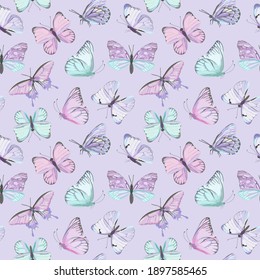 Seamless Vector Butterfly Watercolor Pattern. Vintage Flying Insect Summer Background. Colorful Texture, Wrapping Paper, Rustic Wallpaper, Nature Backdrop Textile