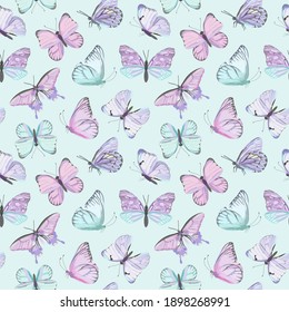 Seamless vector butterfly watercolor pattern. Vintage flying insect summer background. Colorful texture, wrapping paper, rustic wallpaper, nature backdrop textile