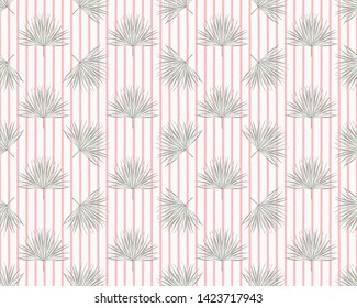 Seamless vector Cabana Cafe retro style pattern with fan palm leaves on pink hand-drawn stripes.