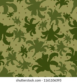 Seamless vector camouflage background with dots and with silhouettes of flowers.