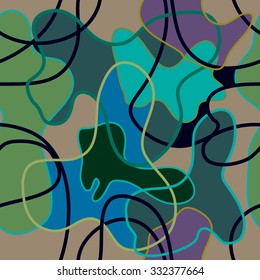 Seamless vector camouflage pattern with bright contours. Colorful on beige. Backgrounds & textures shop. 