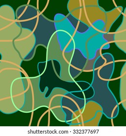 Seamless vector camouflage pattern with bright contours. Colorful on green. Backgrounds & textures shop. 