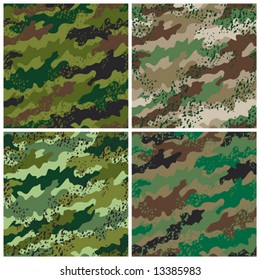 A seamless vector camouflage pattern in four colorways with a grunge effect. Grunge is grouped for easy editing. Repeat size is 6".