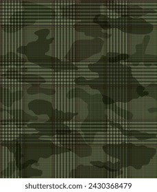 Seamless vector camouflage pattern. Repeating green camouflage print with a brown plaid overlay. Apparel textile print.
