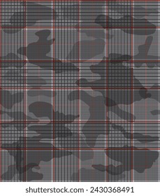 Seamless vector camouflage pattern. Repeating gray camouflage print with a red plaid overlay. Apparel textile print.
