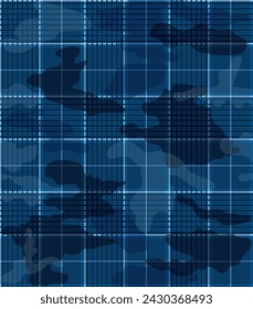 Seamless vector camouflage pattern. Repeating blue camouflage print with a white plaid overlay. Apparel textile print.

