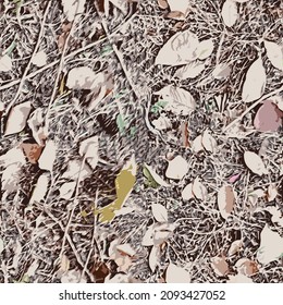 Seamless vector camouflage texture with dry grass, sticks and falling brown leaves to hide in a forest or pretend a part of an autumn field. Camouflage protective pattern for autumn hunting.