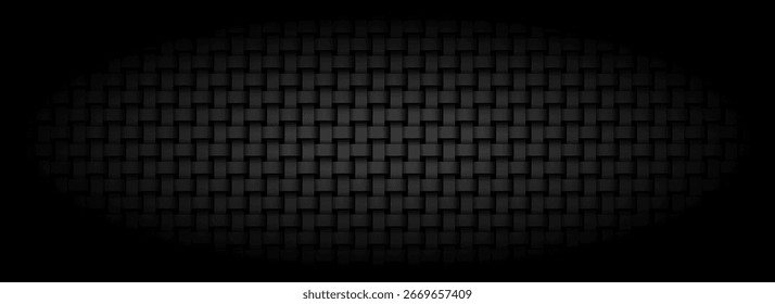 Textura de fibra de carbono vetor sem costura com vinheta. Tecelagem diagonal geométrica cinza escuro. Fundo moderno e de alta tecnologia.