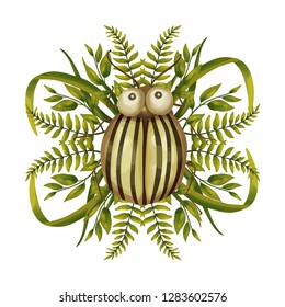 Seamless vector card with cute 3d insect. Striped colorado beetle.