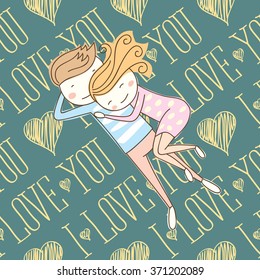 seamless vector card with heart, I love you words and couple