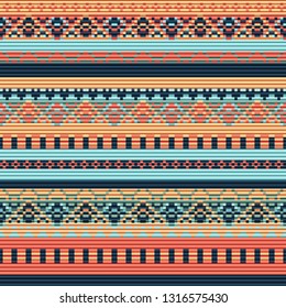 Seamless vector carpet. Folk ornament in the style of embroidery. Pixel decorative pattern for textiles. pastel colors, beige, pink, blue