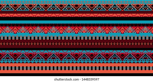 Seamless vector carpet. Folk ornament in the style of embroidery. Pixel decorative pattern for textiles. orange, pink, blue colors