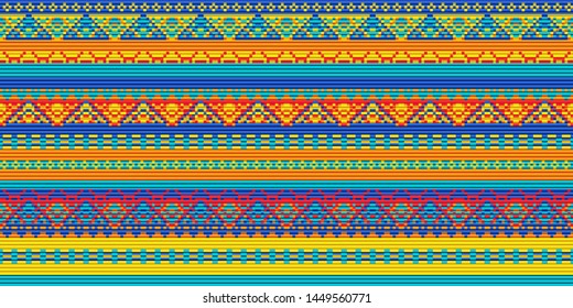 Seamless vector carpet. Folk ornament in the style of embroidery. Pixel decorative pattern for textiles. orange, blue, red colors
