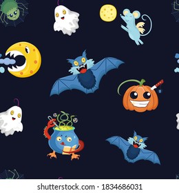 It's the seamless vector cartoon background with Halloween's symbols such as weird bats, kind ghosts, predatory moons, happy mice, smiling pumpkins and spiders on cobweb.
