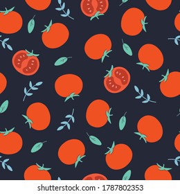 Seamless vector cartoon colorful hand drawn pattern of vegetable for fabric textile or wrapping paper. Tomato illustration 