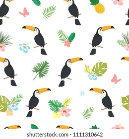 Seamless vector cartoon doodle pattern. Exotic tropical texture for printing, web design, poster template. Collection of funny elements