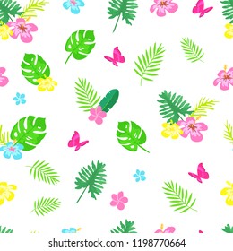 Seamless vector cartoon doodle pattern. Exotic tropical texture for printing, web design, poster template. Collection of funny elements
