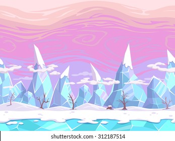 Seamless vector cartoon fantasy landscape with ice mountains, separated layers for game design