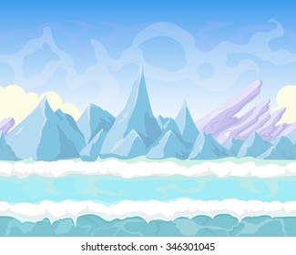 Seamless vector cartoon fantasy landscape with  mountains, snow   and ice for game design