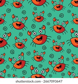 Diseño De Patrón De Cangrejos Felices Dibujados A Mano De Dibujos Animados De Vector Inconsútil En Fondo Turquesa