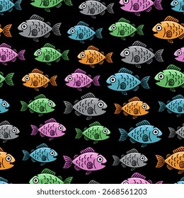 Seamless Vector Cartoon Hand Drawn School Of Cute Happy Fish Pattern Design In Black Background 