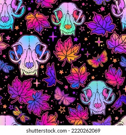 Seamless vector cartoon illustration of animal skulls and autumn leaves