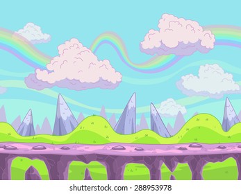 Seamless vector cartoon landscape, fantasy unending background with separated layers for game design