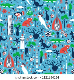 Seamless vector cartoon pattern, Australia landmark Telstra Tower, Perth bell tower, Old Windmill Brisbane, Eureka skyscraper, australian wild animals, travel background, decorative texture for design