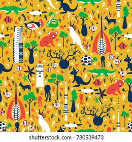 Seamless vector cartoon pattern, Australia landmark Telstra Tower, Perth bell tower, Old Windmill Brisbane, Eureka skyscraper, australian wild animals, travel background, decorative texture for design