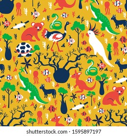 Seamless vector cartoon pattern, Australian wild animals and trees, fish and birds, travel exotic background, decorative colorful texture for design wallpaper, baby room tropical backdrop, textile