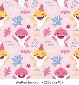 Seamless vector cartoon pattern with baby shark for Birthday