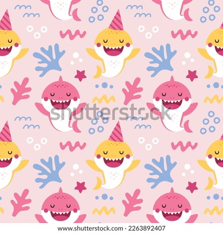 Seamless vector cartoon pattern with baby shark for Birthday