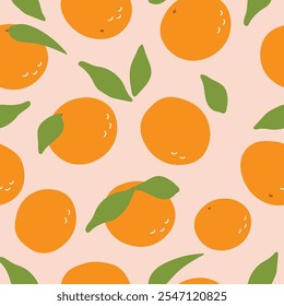 Seamless vector cartoon pattern with happy leaves and oranges on pink background