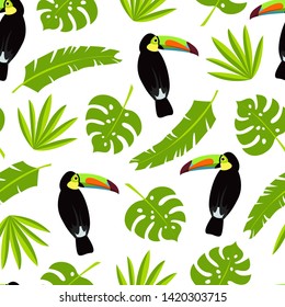 Seamless vector cartoon pattern with toucans and palm, banana and monstera leaves. Exotic tropical texture for printing, web design, poster template. Collection of funny elements.