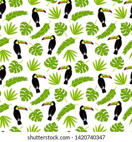 Seamless vector cartoon pattern with toucans and palm, banana and monstera leaves. Exotic tropical texture for printing, web design, poster template. Collection of funny elements.