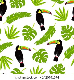 Seamless vector cartoon pattern with toucans and palm, banana and monstera leaves. Exotic tropical texture for printing, web design, poster template. Collection of funny elements.
