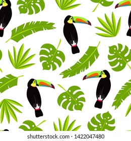 Seamless vector cartoon pattern with toucans and palm, banana and monstera leaves. Exotic tropical texture for printing, web design, poster template. Collection of funny elements.