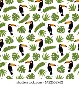 Seamless vector cartoon pattern with toucans and palm, banana and monstera leaves. Exotic tropical texture for printing, web design, poster template. Collection of funny elements.