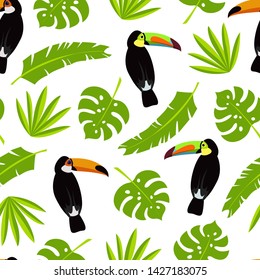 Seamless vector cartoon pattern with toucans and palm, banana and monstera leaves. Exotic tropical texture for printing, web design, poster template. Collection of funny elements.