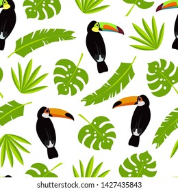 Seamless vector cartoon pattern with toucans and palm, banana and monstera leaves. Exotic tropical texture for printing, web design, poster template. Collection of funny elements.